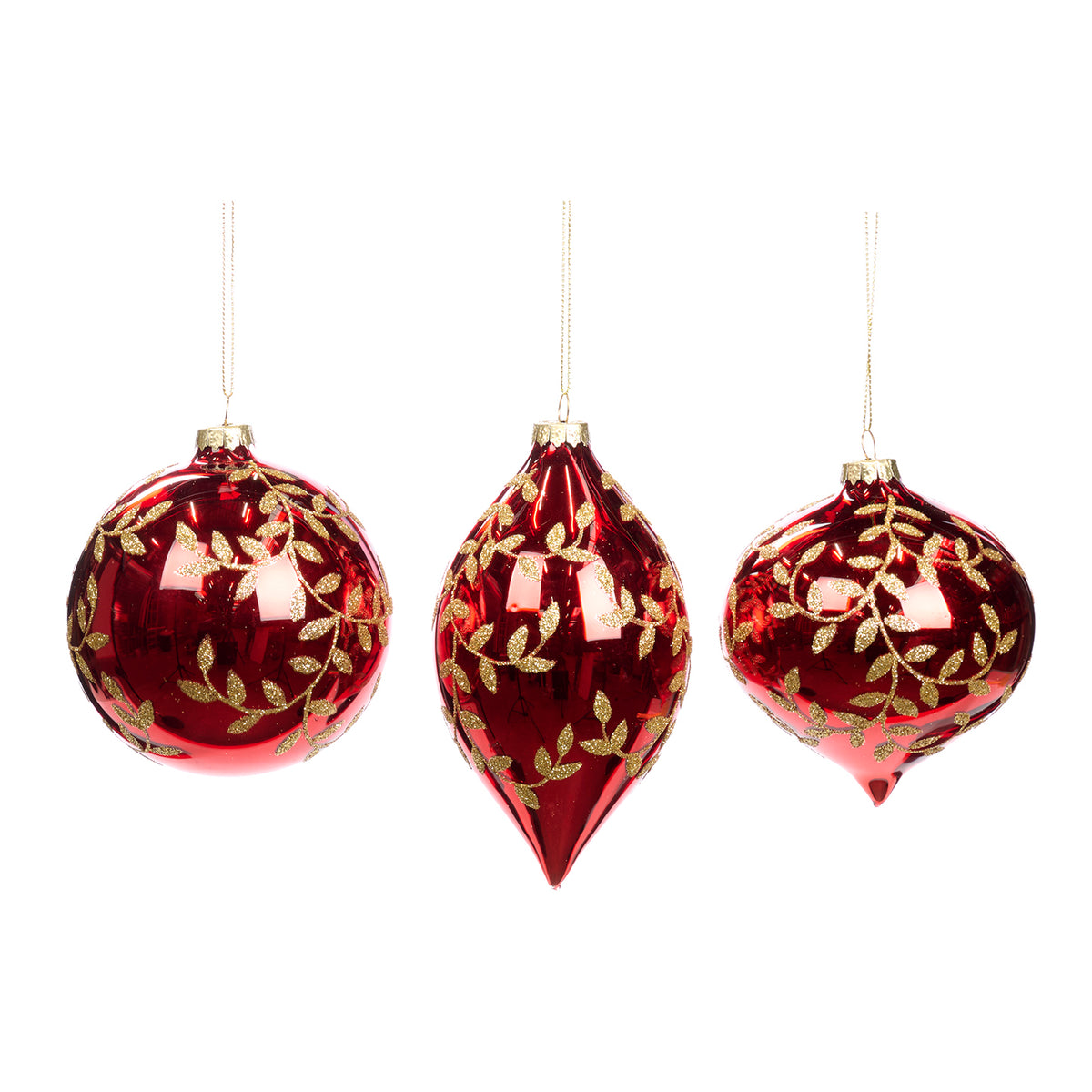 Set 3 globuri și ornamente alungite din sticlă cu sclipici, frunze și viță, roșu/auriu, 10 cm