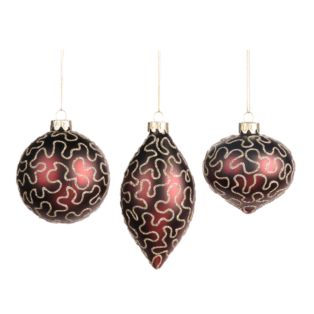 Set 3 globuri și ornamente alungite din sticlă cu sclipici și model în spirală, burgund/auriu, 8 cm