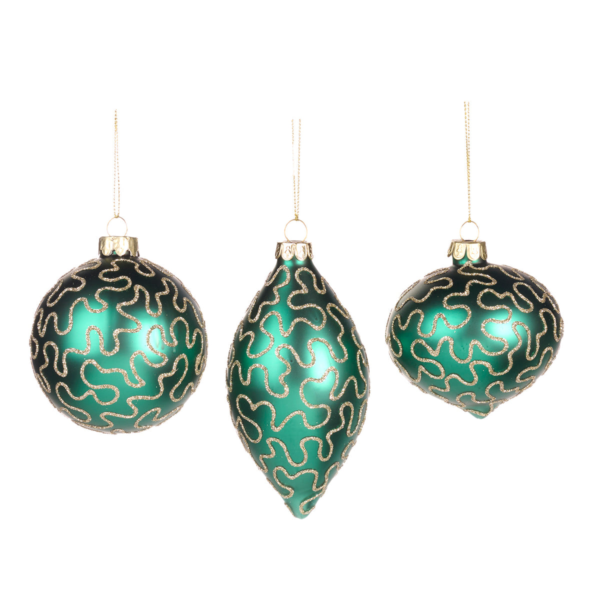 Set 3 globuri și ornamente alungite din sticlă cu sclipici și model în spirală, verde/auriu, 8 cm