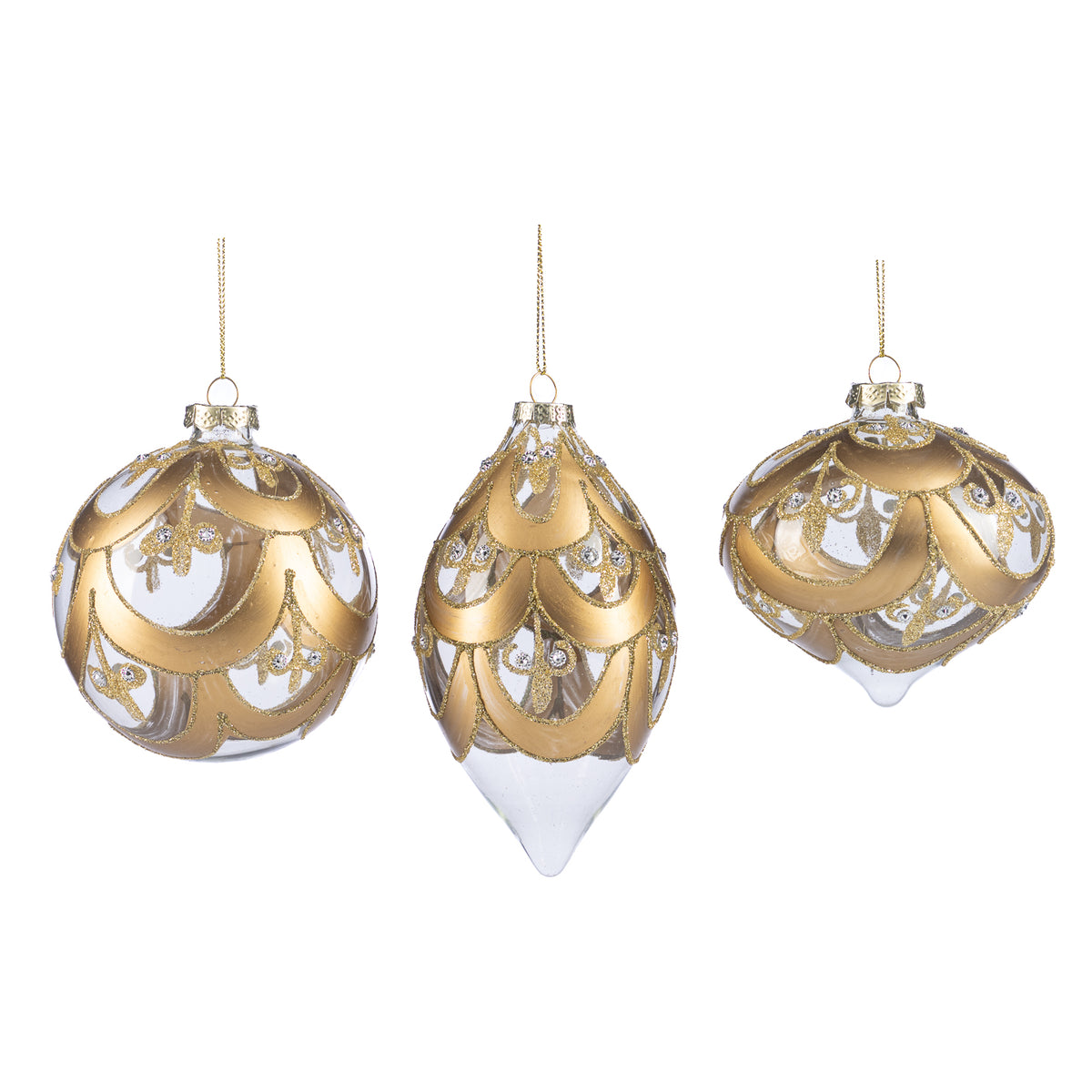 Set 3 globuri și ornamente alungite din sticlă cu sclipici și solzi, transparent/auriu, 10 cm