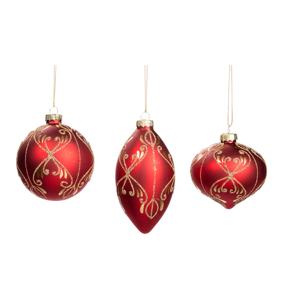 Set 3 globuri și ornamente alungite din sticlă cu sclipici și spirală, roșu/auriu, 8 cm