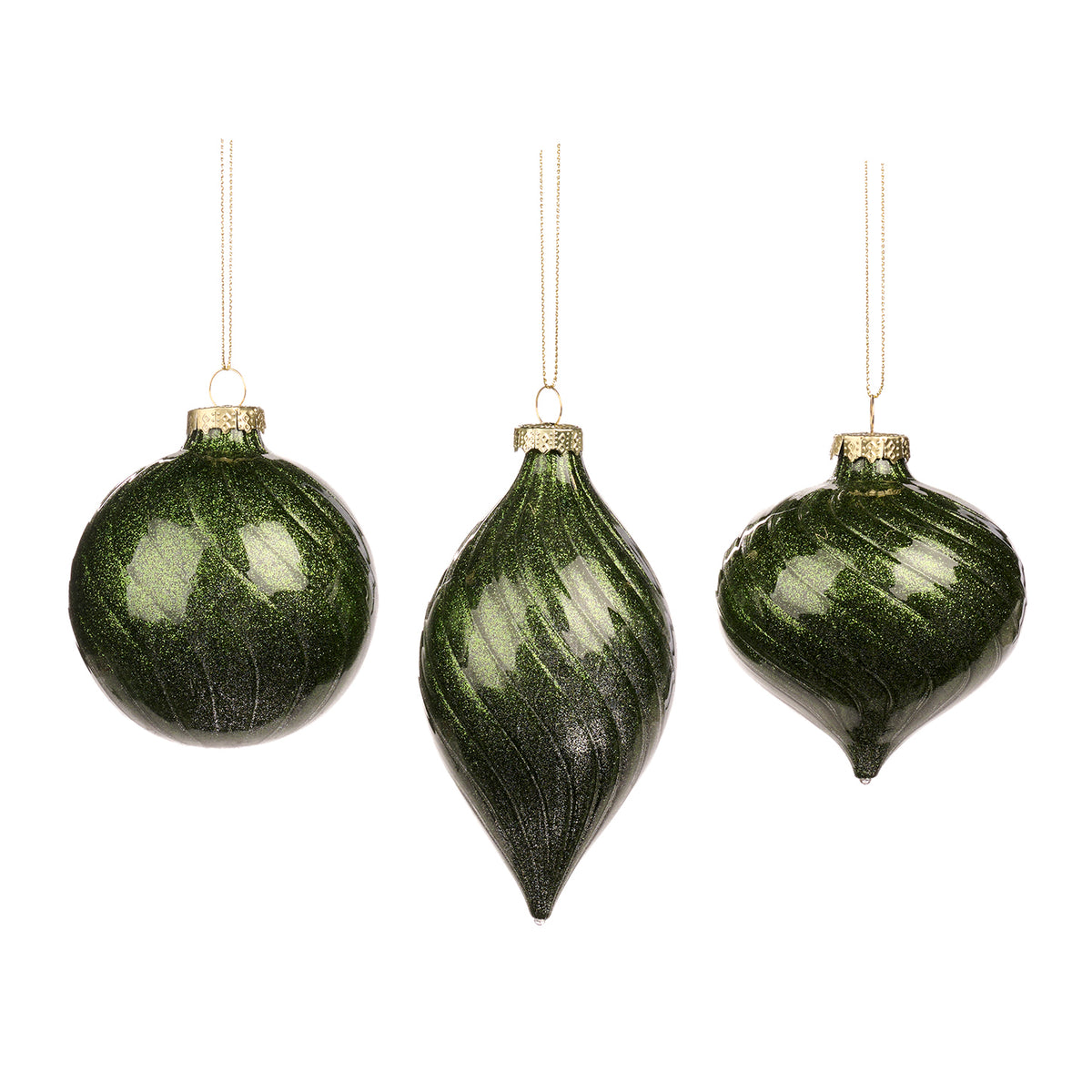 Set 3 globuri și ornamente alungite din sticlă cu sclipici și spirale, verde, 8 cm