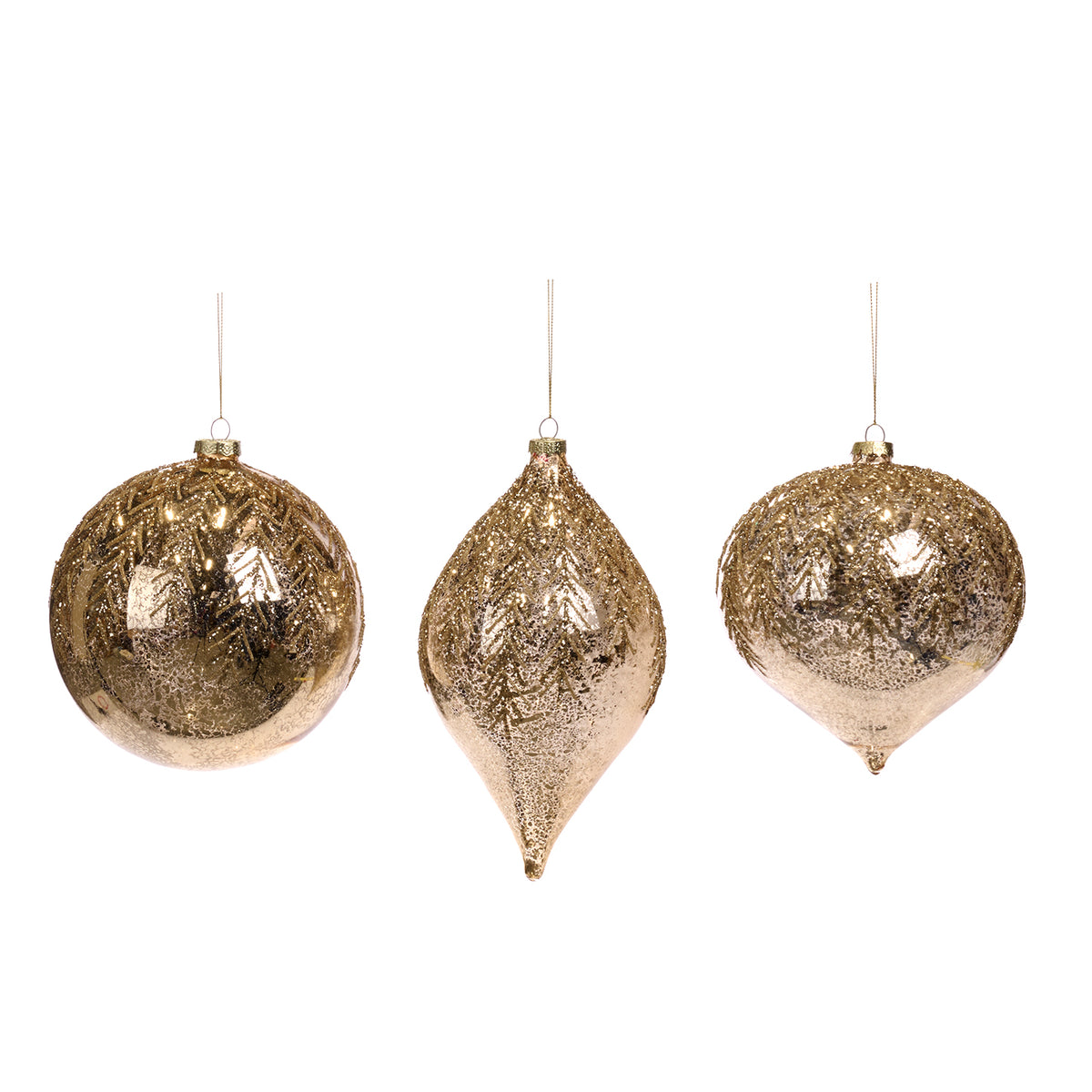 Set 3 globuri și ornamente alungite din sticlă cu sclipici și viță în vârf, auriu, 15 cm
