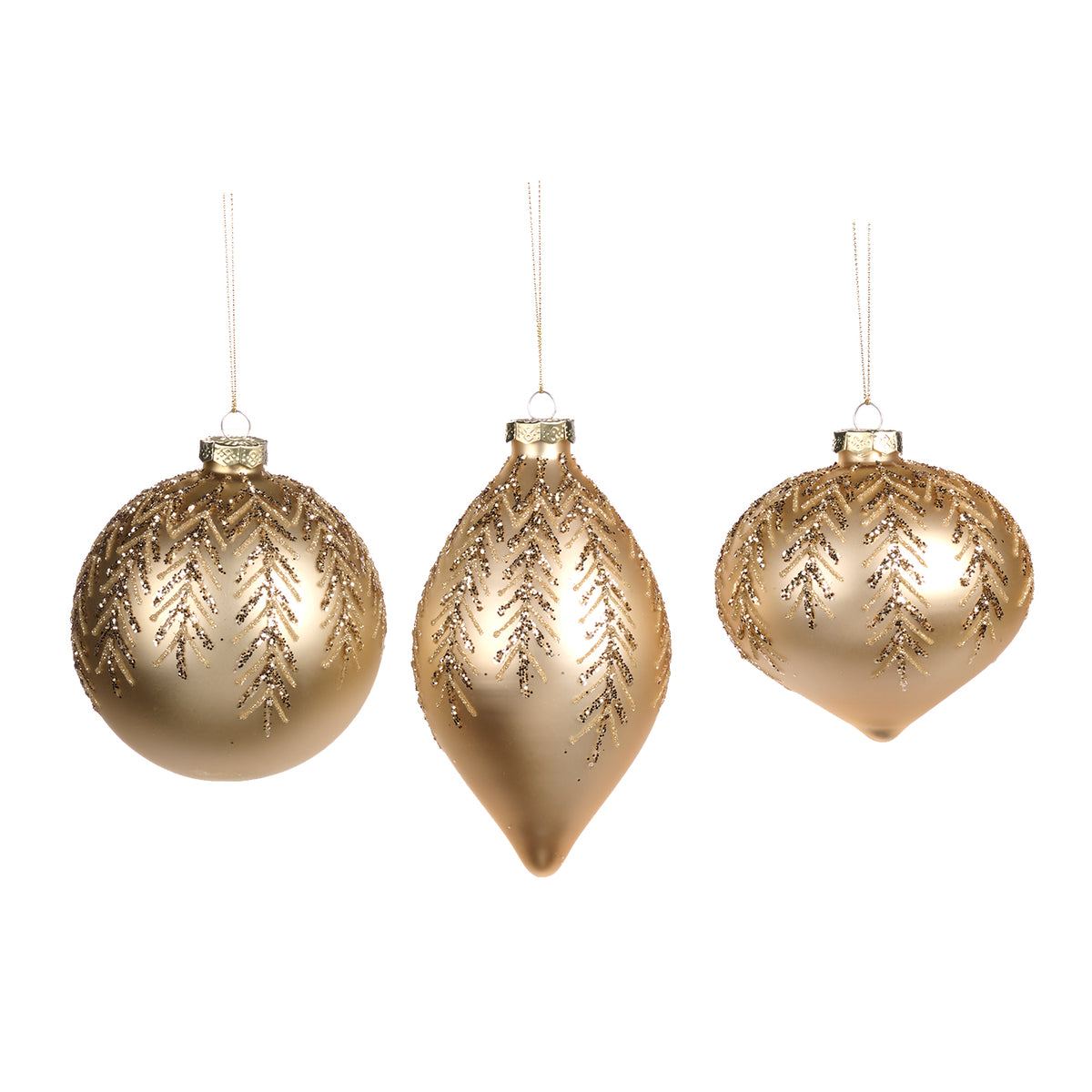 Set 3 globuri și ornamente alungite din sticlă cu sclipici și viță în vârf, crem/auriu, 10 cm