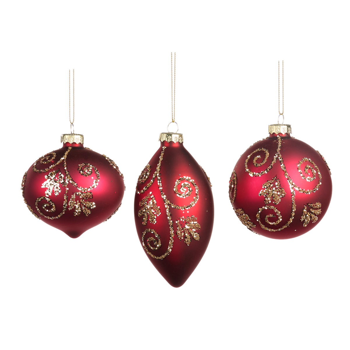 Set 3 globuri și ornamente alungite din sticlă cu sclipici, spirală și frunze, roz, 8 cm