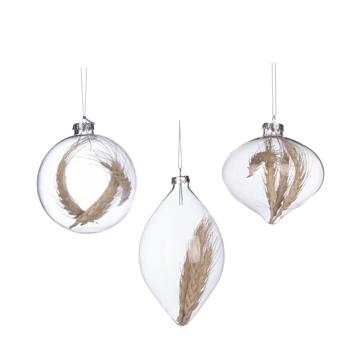 Set 3 globuri și ornamente alungite din sticlă cu spice de porumb uscate, 10 cm