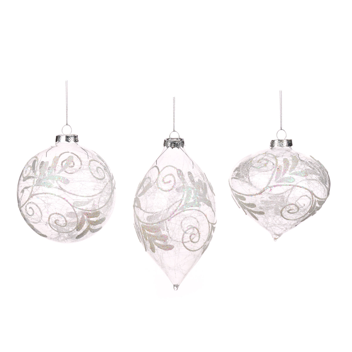 Set 3 globuri și ornamente alungite din sticlă cu spirale și fire, transparent/alb, 10 cm