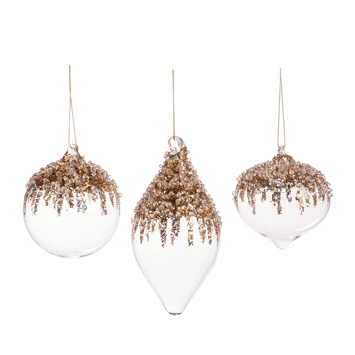 Set 3 globuri și ornamente alungite din sticlă, cu vârf cu pietre, auriu/transparent, 8 cm