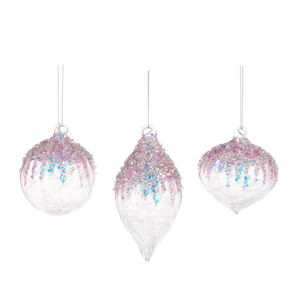 Set 3 globuri și ornamente alungite din sticlă cu vârf cu pietre și fir, roz, 8 cm
