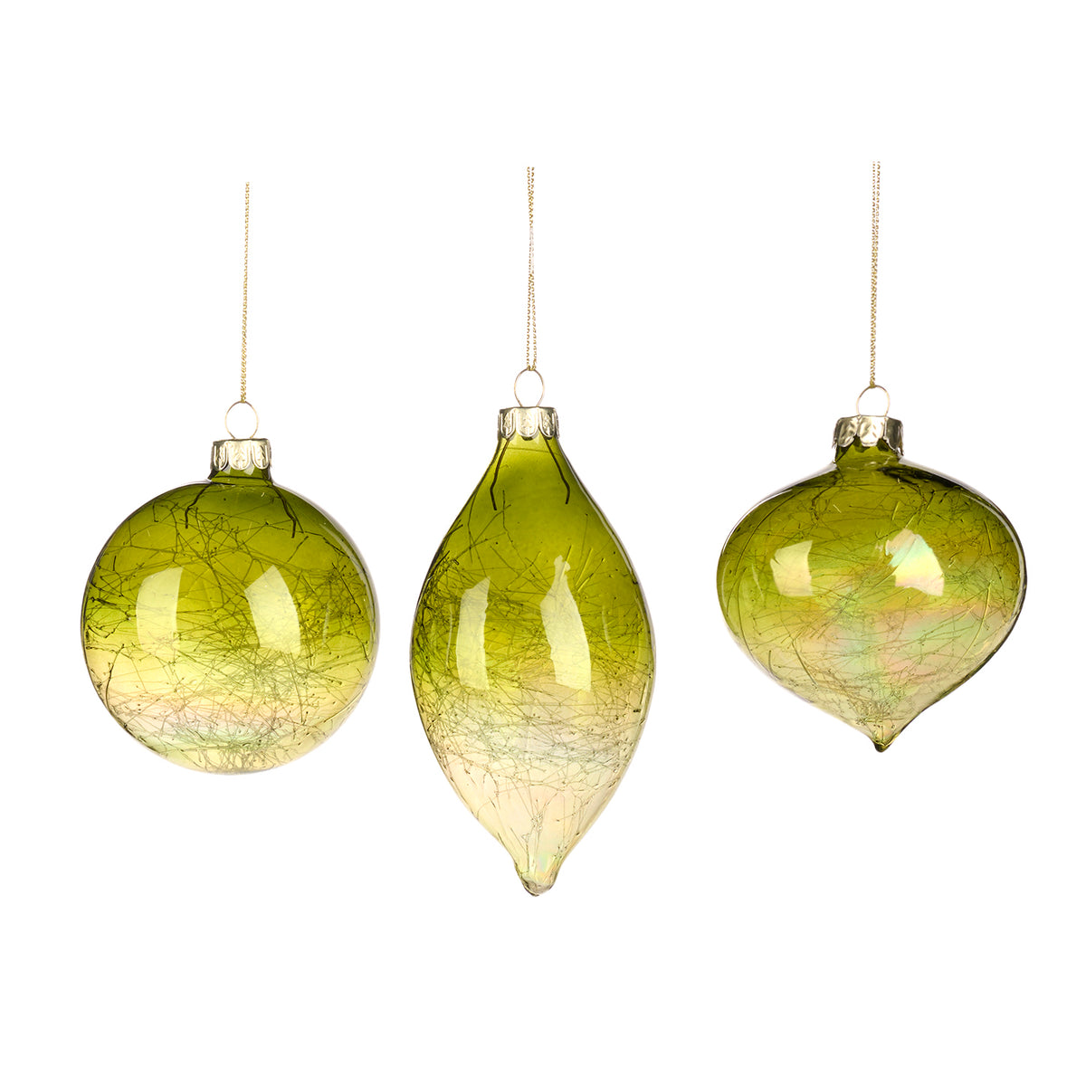 Set 3 globuri și ornamente alungite din sticlă degrade, verde/transparent, 8 cm