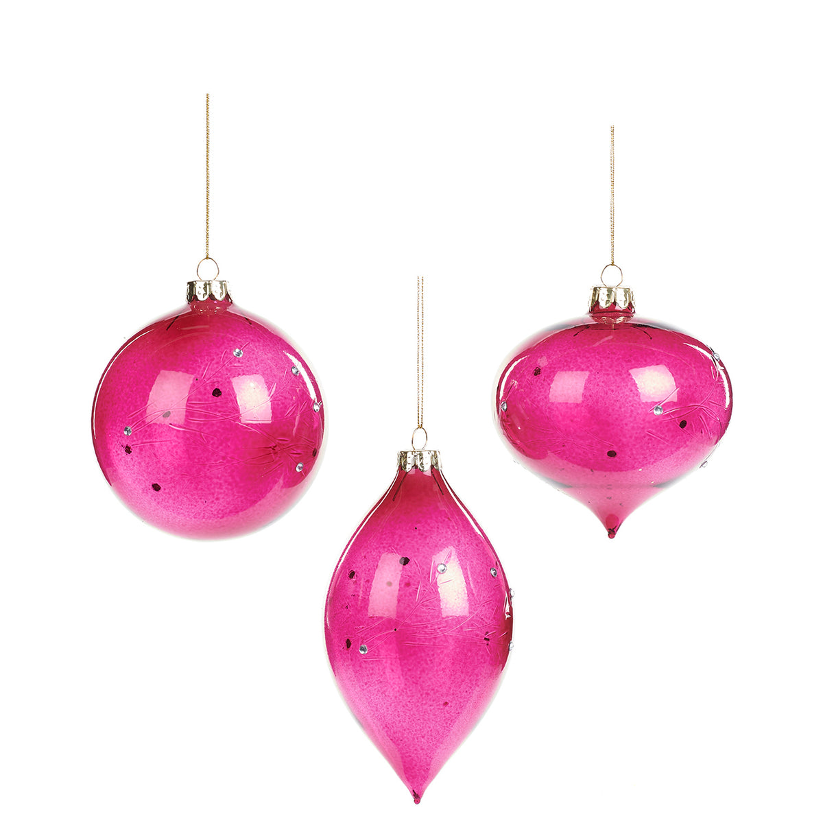Set 3 globuri și ornamente alungite din sticlă gravată cu fulgi de zăpadă, mov, 10 cm