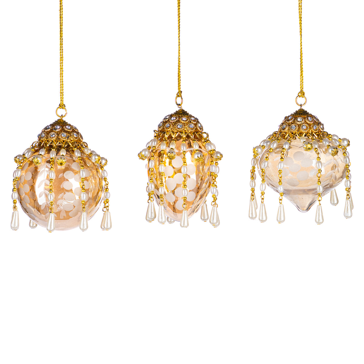 Set 3 globuri și ornamente alungite din sticlă gravată, cu perle pandantiv, șampanie, 9 cm