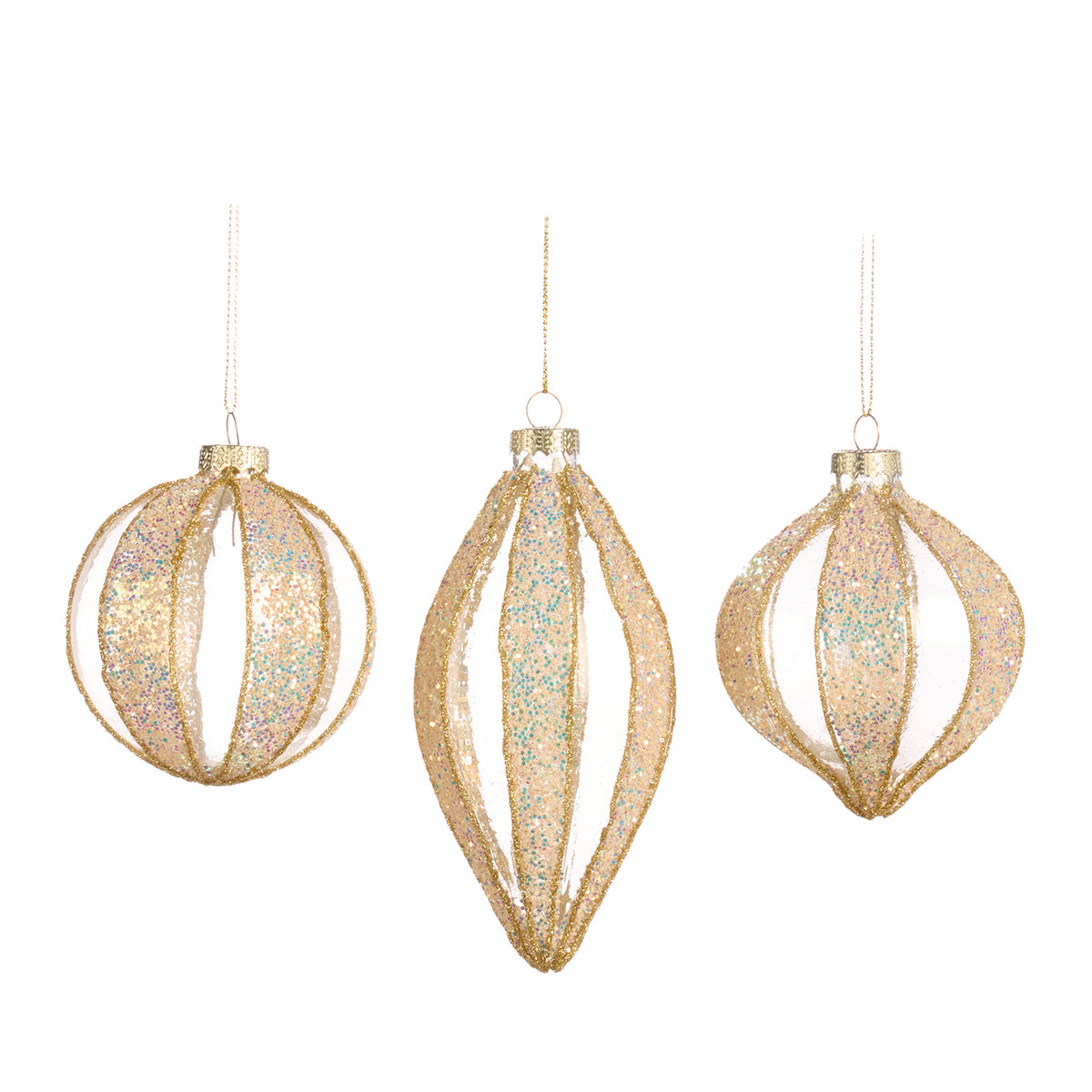 Set 3 globuri și ornamente alungite din sticlă irizată cu dungi, transparent/multicolor, 8 cm