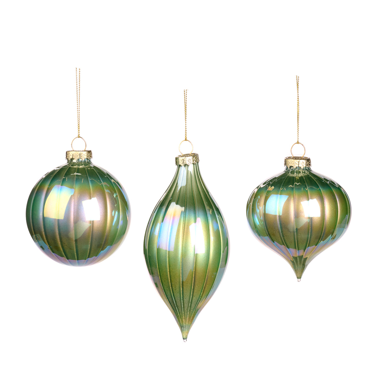 Set 3 globuri și ornamente alungite din sticlă irizată cu dungi, verde/multicolor, 8 cm