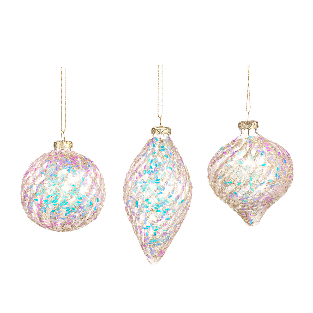 Set 3 globuri și ornamente alungite din sticlă irizată cu folie și model spiralat, multicolor, 8 cm