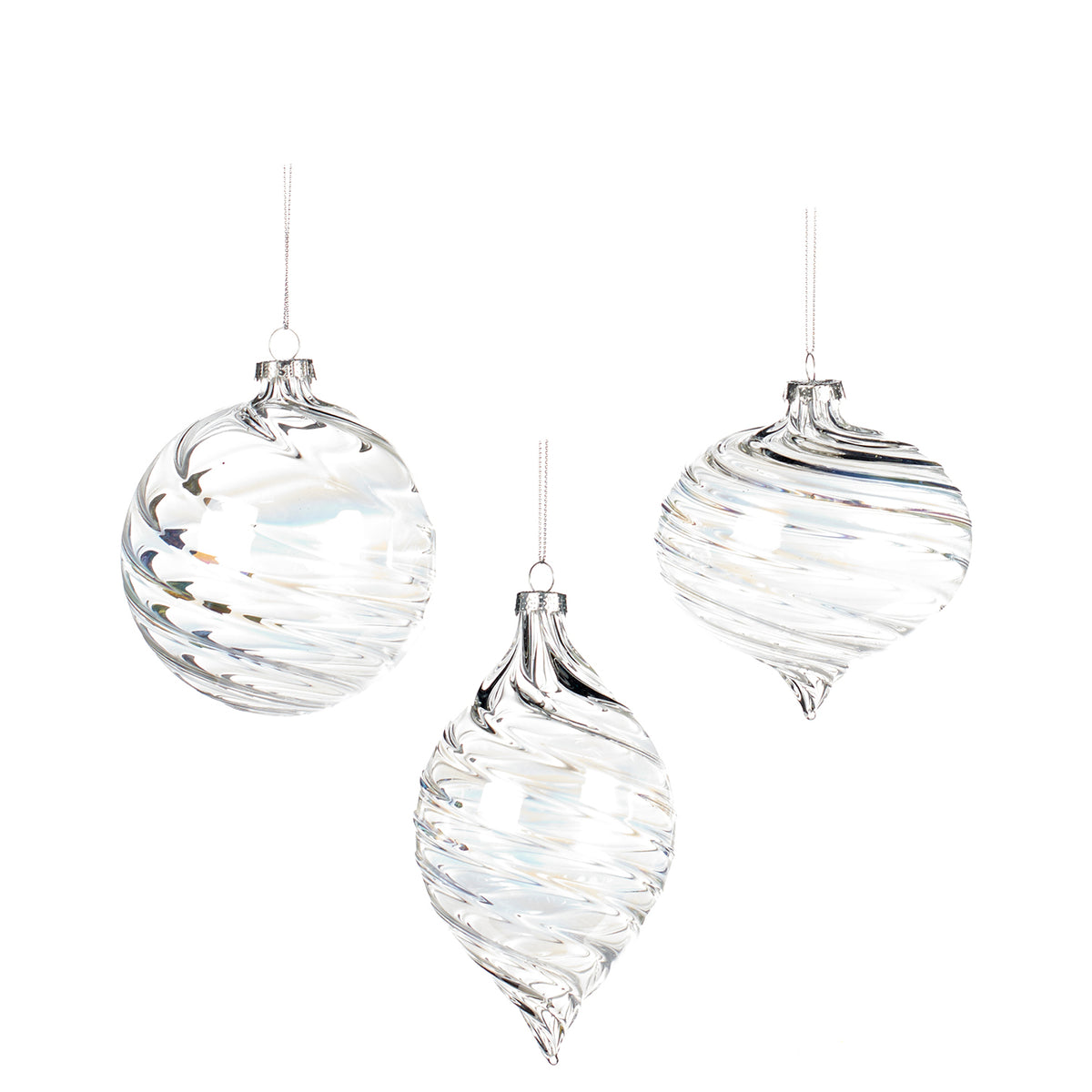 Set 3 globuri și ornamente alungite din sticlă irizată cu model spiralat, transparent, 10 cm