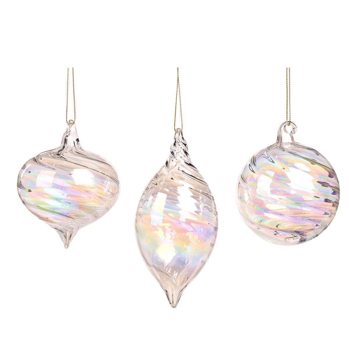 Set 3 globuri și ornamente alungite din sticlă irizată cu model spiralat, transparent/multicolor, 8 cm