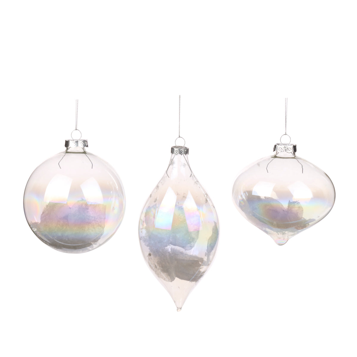 Set 3 globuri și ornamente alungite din sticlă irizată cu petale de flori, alb, 10 cm