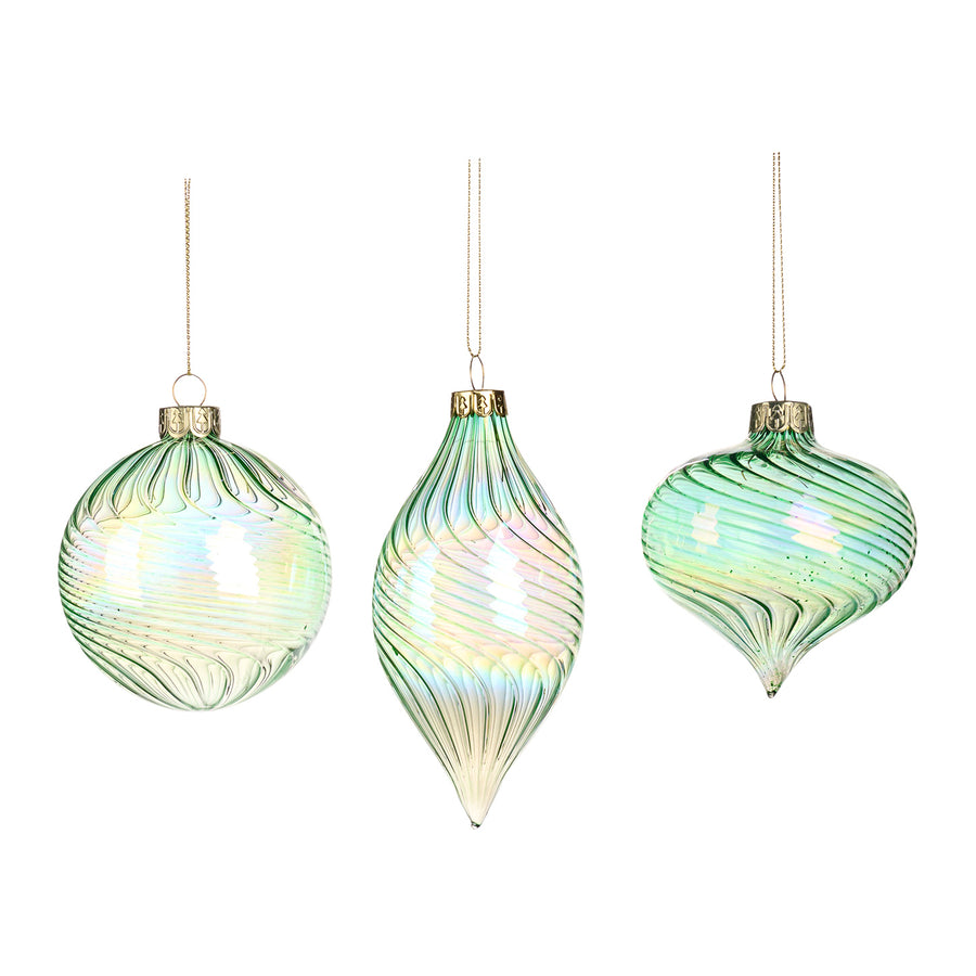 Set 3 globuri și ornamente alungite din sticlă irizată cu spirală, verde/multicolor, 8 cm