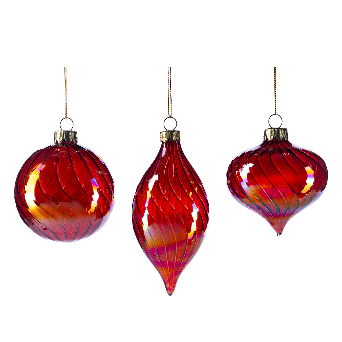 Set 3 globuri și ornamente alungite din sticlă irizată cu spirale și dungi, roșu, 8 cm