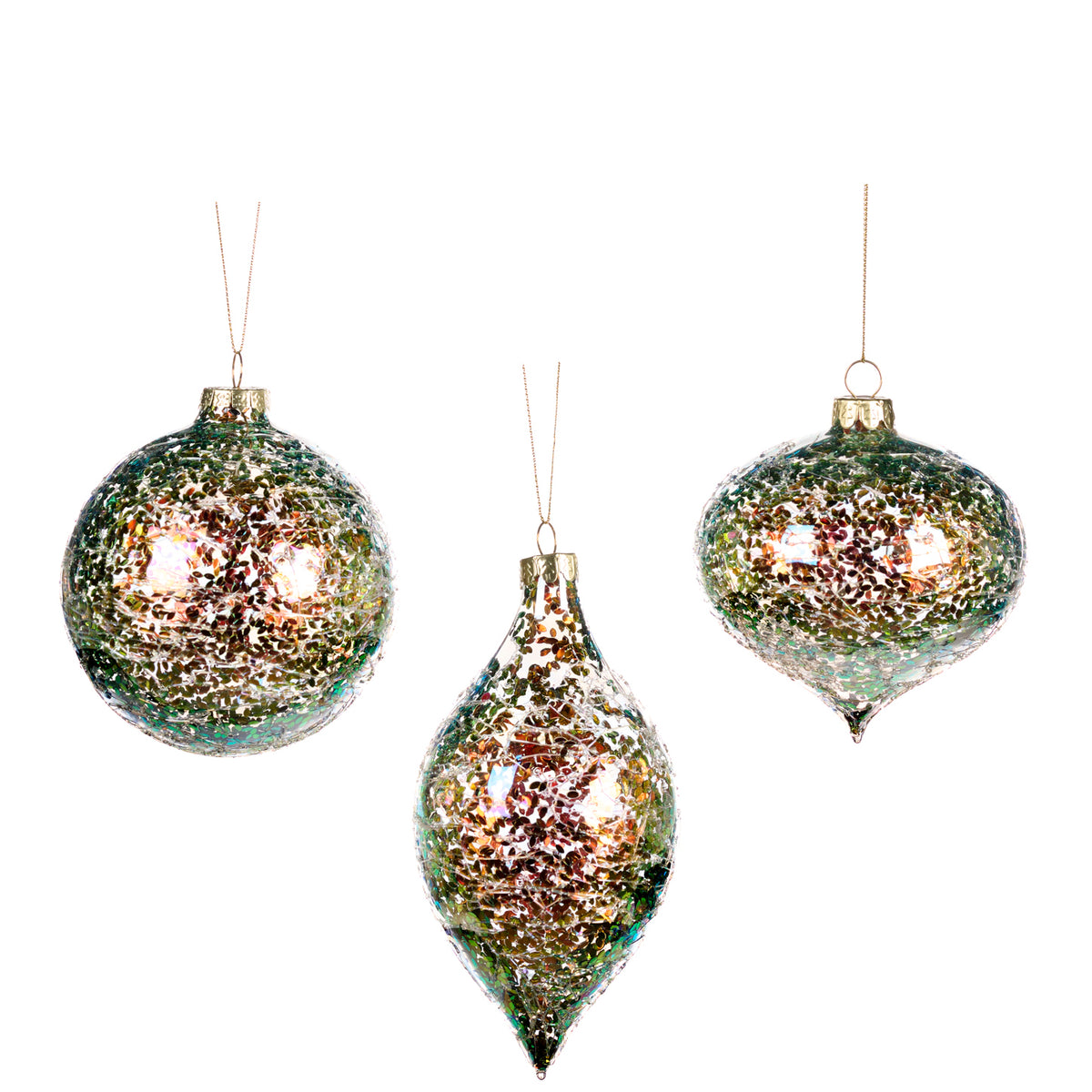 Set 3 globuri și ornamente alungite din sticlă irizată, umplute cu folie, multicolor, 10 cm