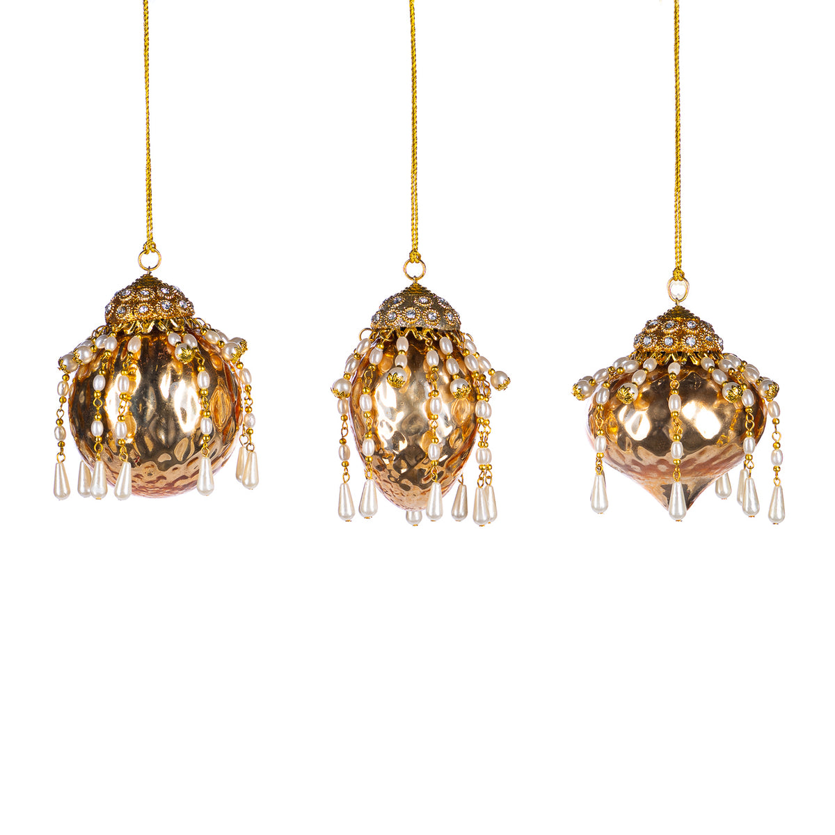 Set 3 globuri și ornamente alungite din sticlă texturată, cu perle pandantiv, auriu, 9 cm
