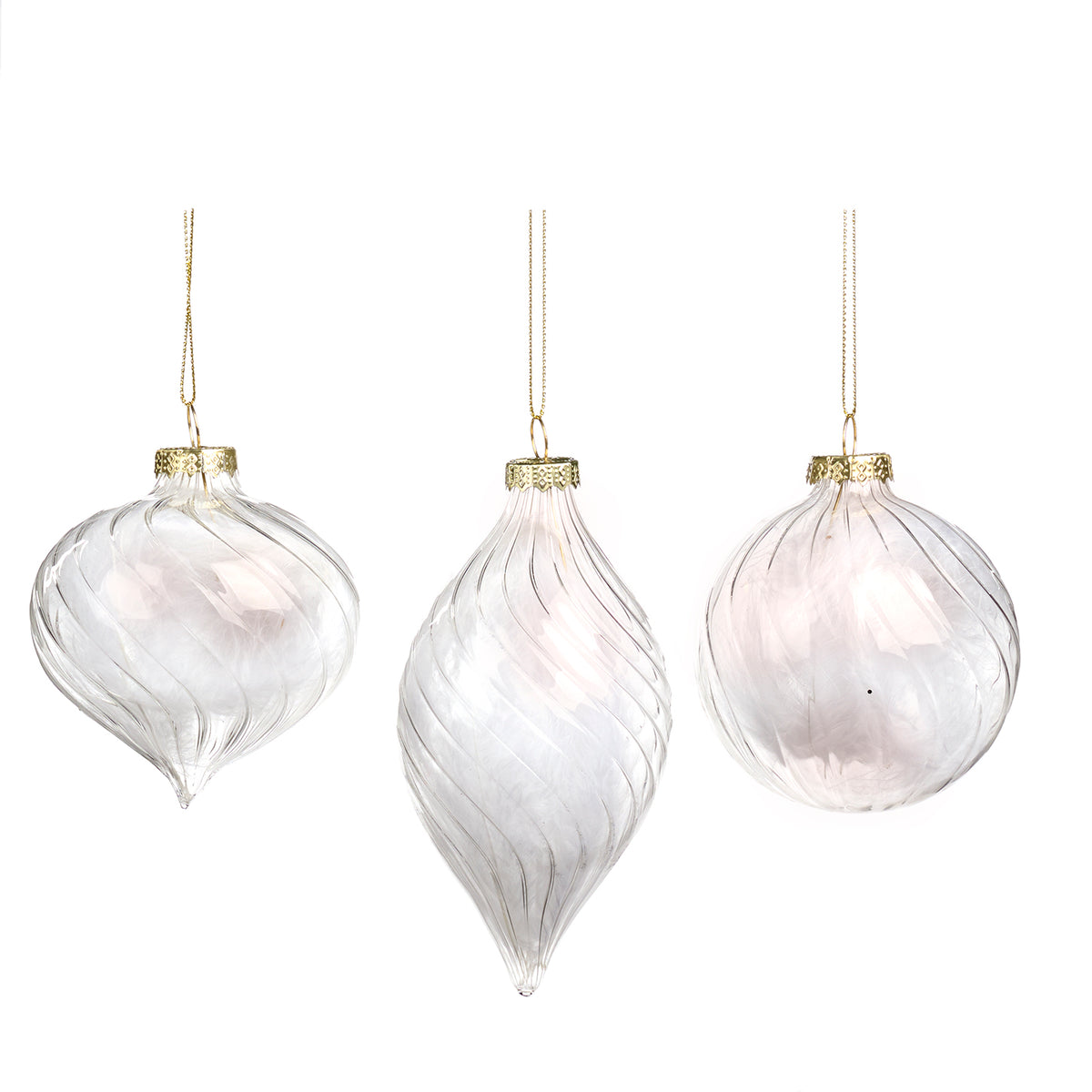Set 3 globuri și ornamente alungite din sticlă umplute cu pene, model în spirală, transparent, 8 cm