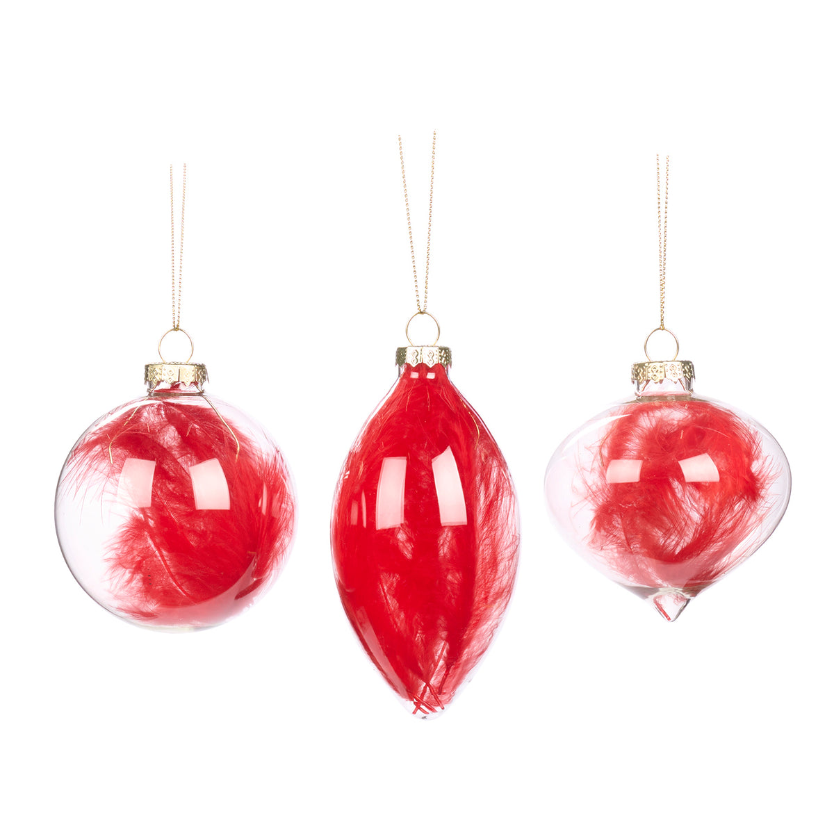 Set 3 globuri și ornamente alungite din sticlă umplute cu pene, roșu/transparent, 8 cm