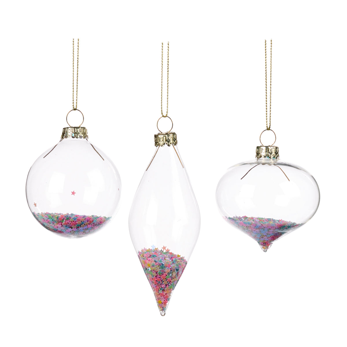 Set 3 globuri și ornamente alungite din sticlă umplute cu stele, multicolor/transparent, 6 cm
