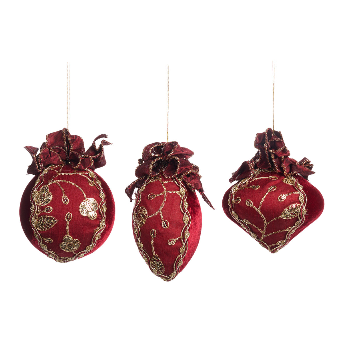 Set 3 globuri și ornamente alungite victoriene din brocart striat, roșu/auriu, 10 cm