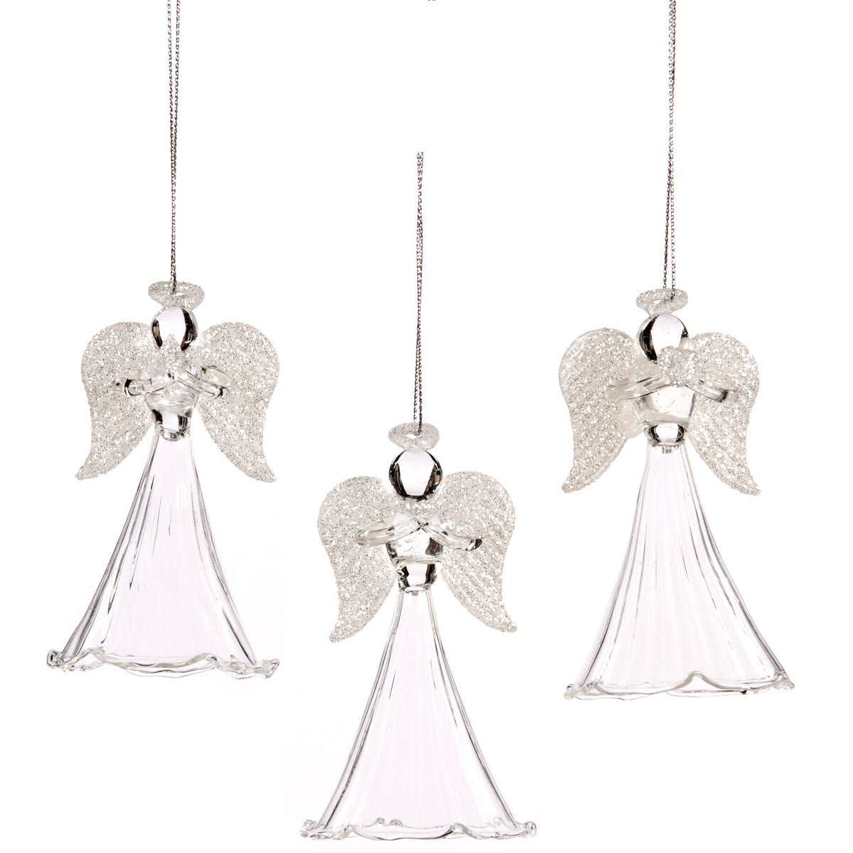 Set 3 îngeri din sticlă cu aripi și sclipici, transparent, 10 cm