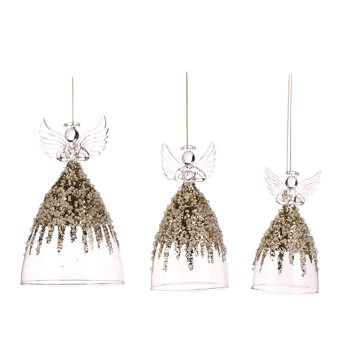 Set 3 îngeri din sticlă cu mărgele în vârf, transparent/auriu, 11/14/17 cm