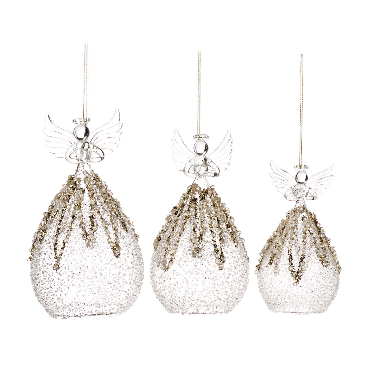 Set 3 îngeri din sticlă cu pietre și efect zdrobit, transparent, 13/16/18 cm