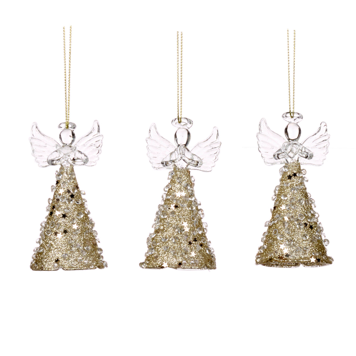Set 3 îngeri din sticlă cu pietre și sclipici, auriu/transparent, 9 cm
