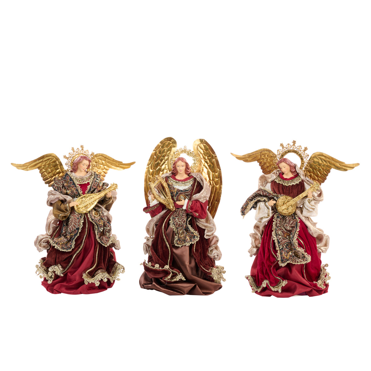 Set 3 îngeri din textil și metal, maro/burgund, 35,5 cm