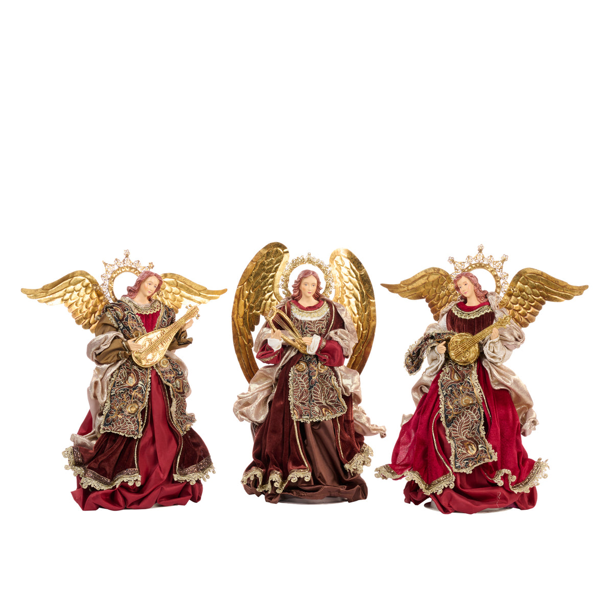 Set 3 îngeri din textil și metal, maro/burgund, 46 cm