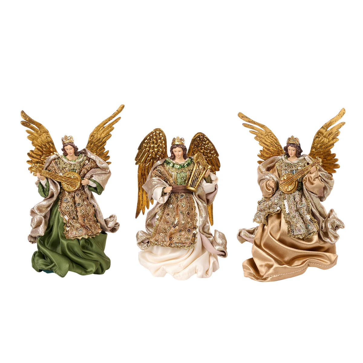 Set 3 îngeri din textil și metal, verde/crem/șampanie, 23 cm