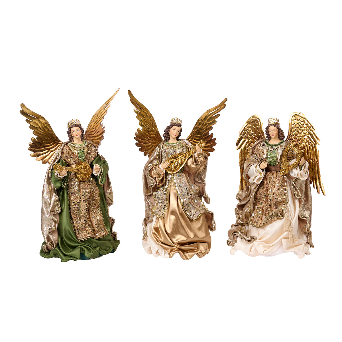 Set 3 îngeri din textil și metal, verde/crem/șampanie, 35,5 cm