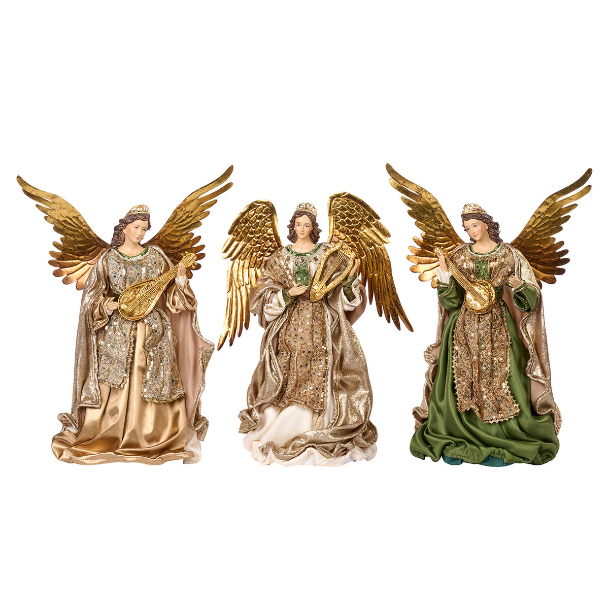 Set 3 îngeri din textil și metal, verde/crem/șampanie, 46 cm