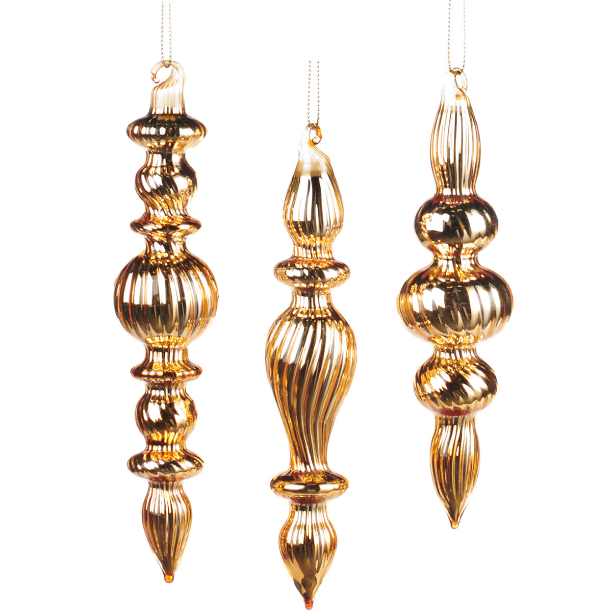 Set 3 ornamente alungite din sticlă 3D striate, auriu/cupru, 16 cm