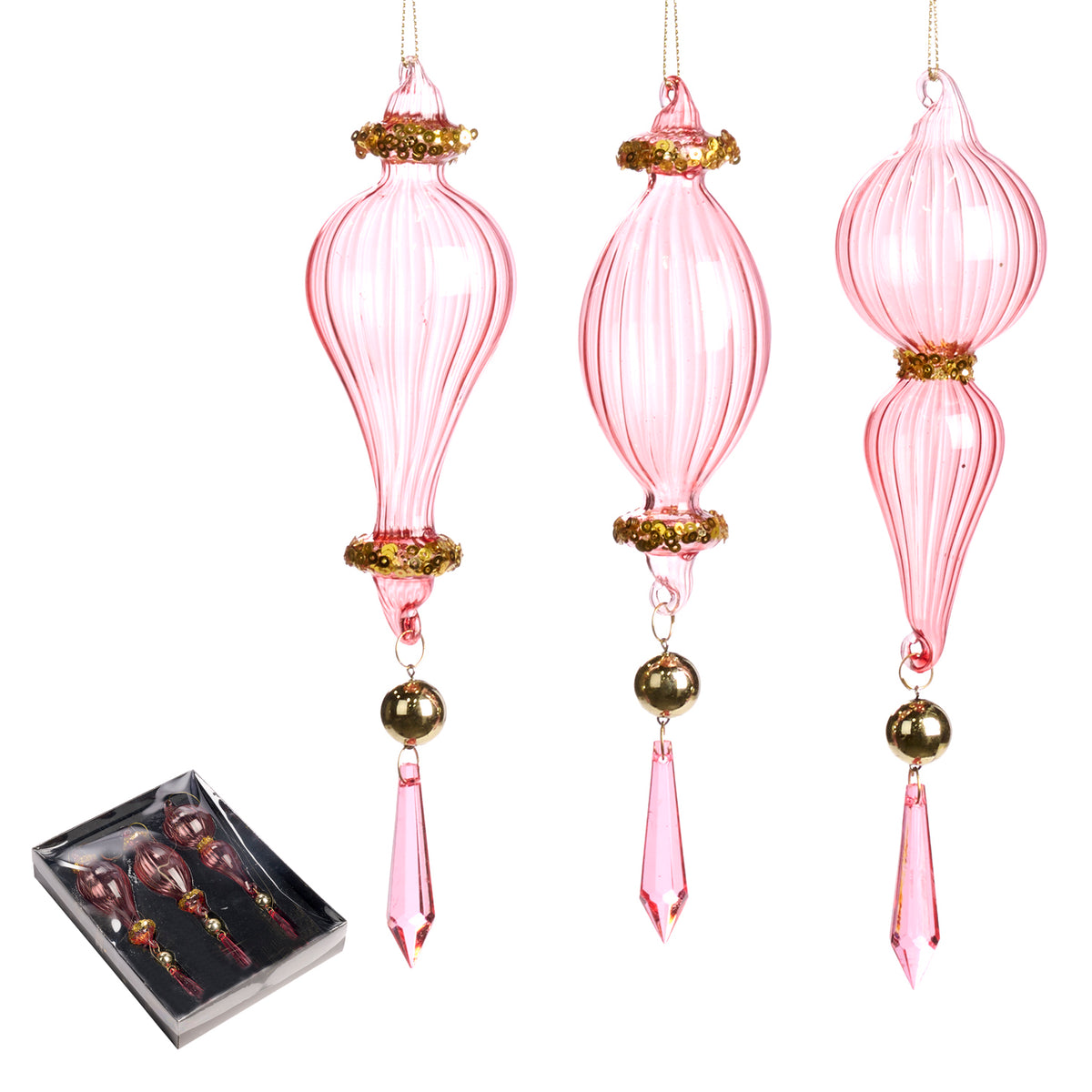 Set 3 ornamente alungite din sticlă cu cristale pandantiv, roz/auriu, 22 cm