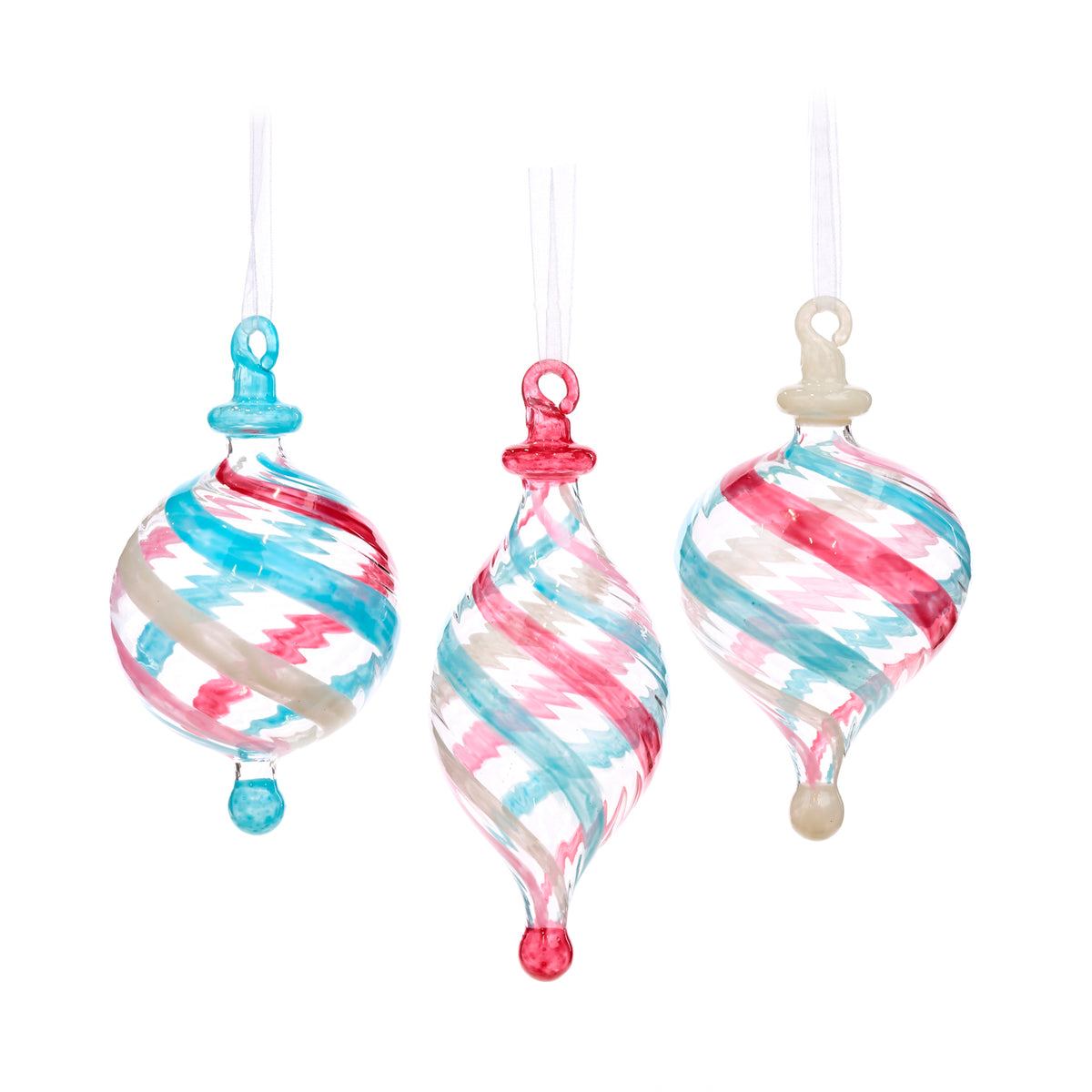 Set 3 ornamente alungite din sticlă cu spirală și dungi, transparent/albastru/roz, 17 cm
