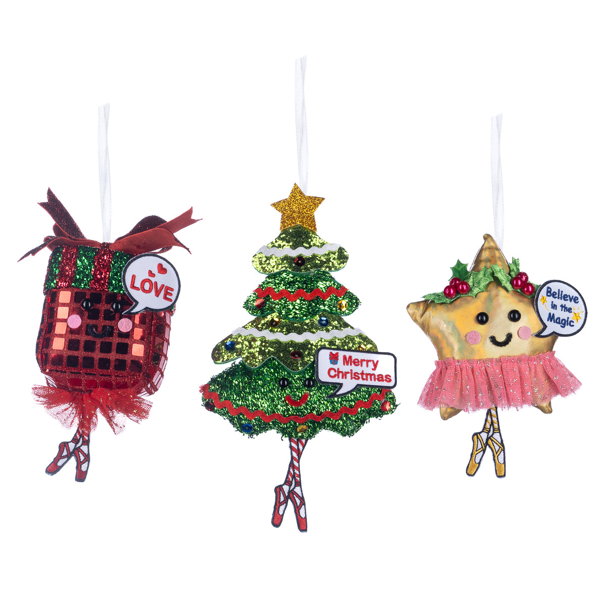 Set 3 ornamente balerine din textil, cadou, brad și stea, roșu, 15 cm