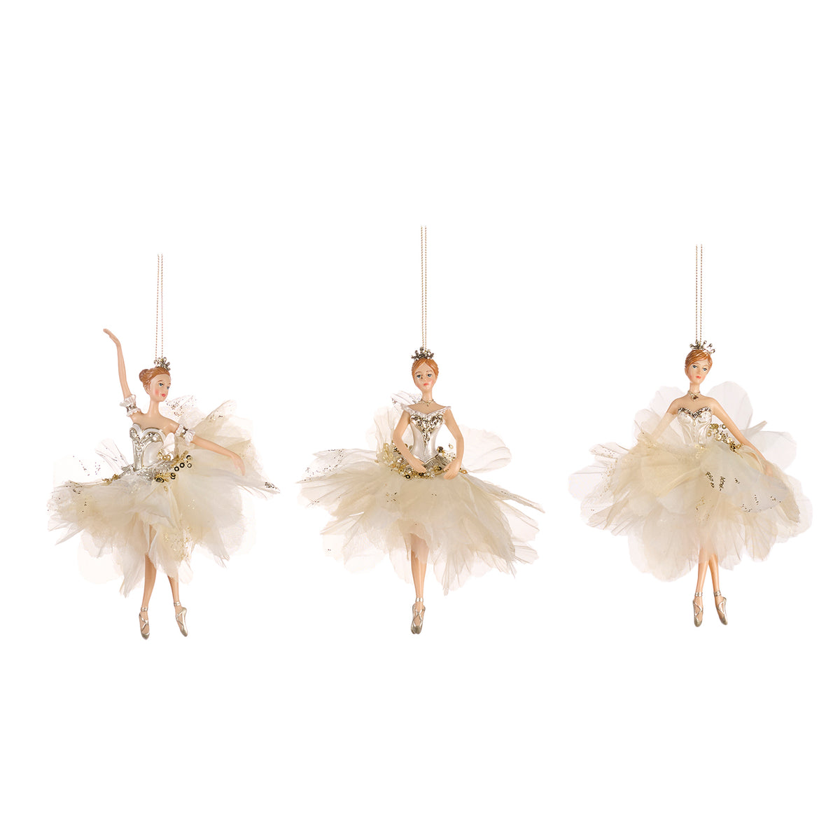 Set 3 ornamente balerine din textil cu petale, crem/șampanie, 18 cm
