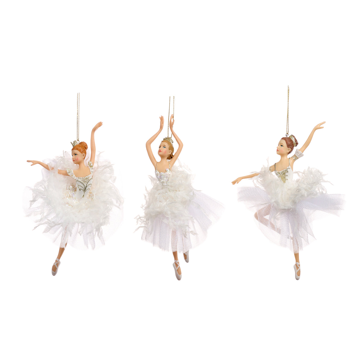 Set 3 ornamente balerine din tul și pene, de agățat, alb, 17 cm