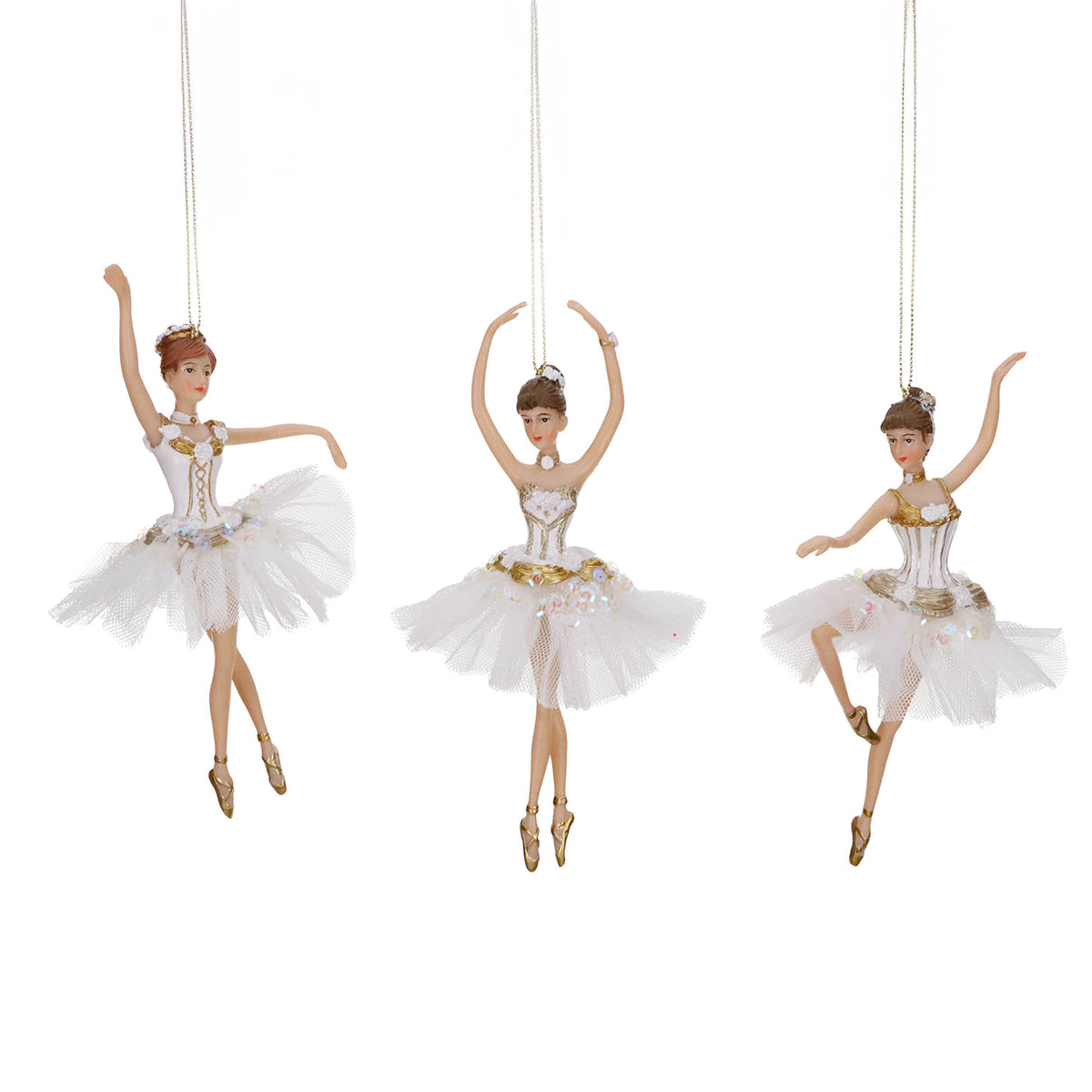 Set 3 ornamente balerine-lebădă din tul, alb/șampanie, 18 cm