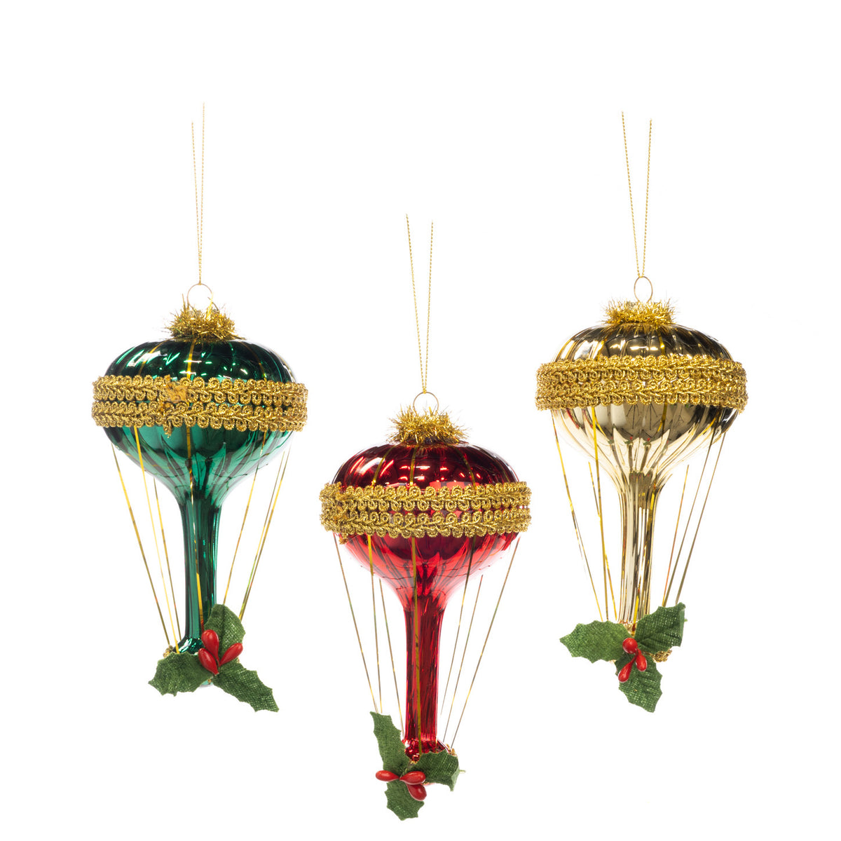 Set 3 ornamente baloane cu frunze de ilice, din sticlă și beteală, roșu/verde, 16,5 cm