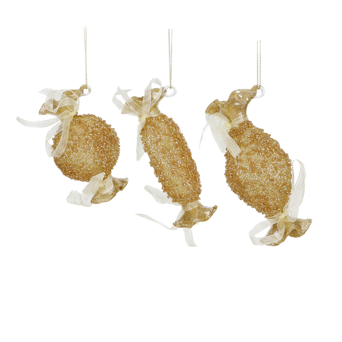 Set 3 ornamente bomboane din sticlă cu pietre și funde, auriu, 12 cm
