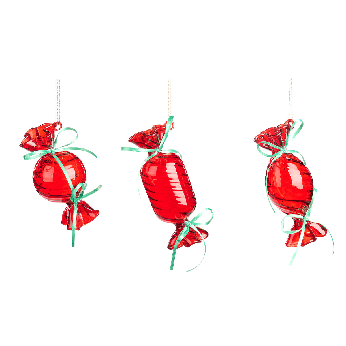Set 3 ornamente bomboane spiralate din sticlă, cu fundă, roșu/verde, 13 cm