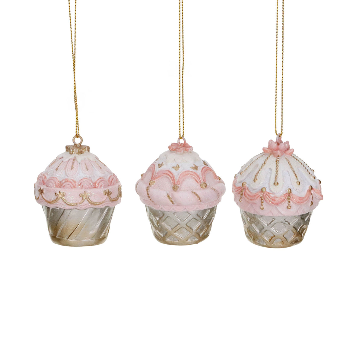 Set 3 ornamente brioșe, crem/șampanie/roz, 5,5 cm